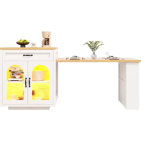 Isola da Cucina con 2 Cassetti, Ripiano Regolabile, Vetro Cannelato e LED RGB, MDF Bianco, 126-196 x 59 x 94 cm (1/5)