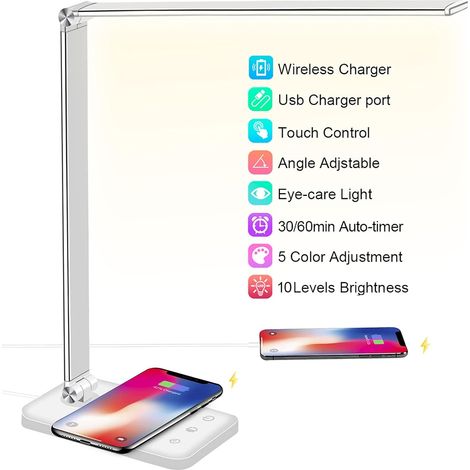 Lampe de bureau LED avec chargeur sans fil, port de chargement USB, 5 modes d'éclairage, 10 niveaux de luminosité, protection oculaire réglable, argent (1/4)