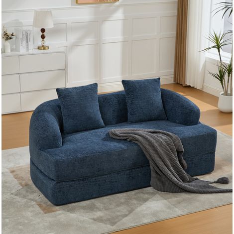 Sofá cama convertible de 2 plazas 157x84x65 cm azul marino, 2 cojines, chenilla, MEUBLIV (1/5)