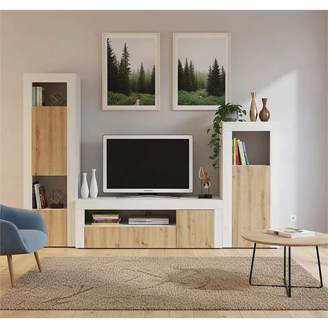 Conjunto salón Alonso acabado roble artisan-blanco polar, 190cm(alto) 280cm(ancho) 36cm(largo)