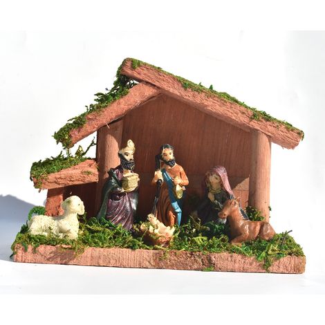 Crèche Traditionnelle, Ensemble De Crèche De Profil Élégant, Ensemble De Scène De Nativité De Maison En Bois De Résine, Ornement D'affichage De Table De Décoration De Noël - 16x7.5x11cm (1/5)
