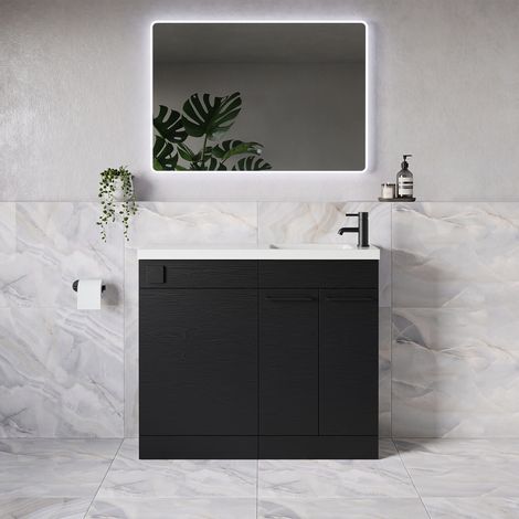 Napoli 250 Nero Oak 1000mm 2 Door Vanity Unit Toilet Suite with Round Silvo Basin - 1000mm - Matt Black 160mm HandleWithout Jubilee Toilet Pan