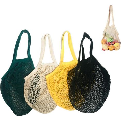 Lot de 5 sacs filets de courses réutilisables en coton, poignée longue, sacs à provisions pour fruits et légumes, pommes de terre, organisateurs portables pour marché et entrepôt, 5 couleurs (1/5)