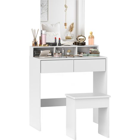 Toeletta con sgabello e specchio, 3 cassetti, 2 ante, sgabello da trucco moderno in legno per camera da letto, 75 x 38 x 135 cm, bianco