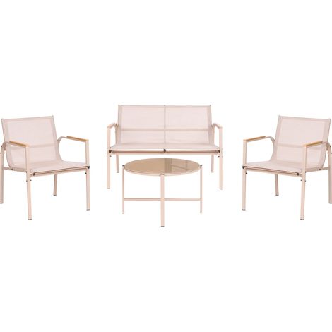 Set da giardino moderno a 4 posti con struttura in acciaio verniciato a polvere e tavolino in vetro, beige Ledro
