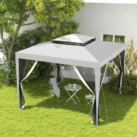 3x3 m Gartenpavillon mit 4 seitlichen Moskitonetzen, Doppeldach, 8 Abflusslöchern und grauem Metallrahmen