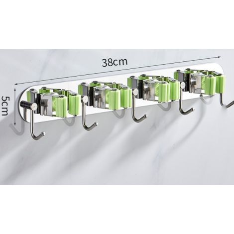 Portaescobas de acero inoxidable para montar en la pared con 4 abrazaderas y 5 ganchos, ideal para cocina, jardín, balcón, garaje y más. (1/5)