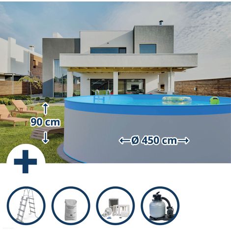 Stahlwandpool Set (5-teilig) hoch rund 450 x 90 cm, Stahl 0,3 mm weiß Folie 0,2 mm blau (1/5)