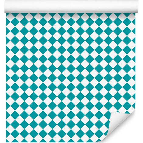 Papel pintado geométrico con rombos en turquesa, verde celadón y blanco, 50x1000 cm. (1/5)