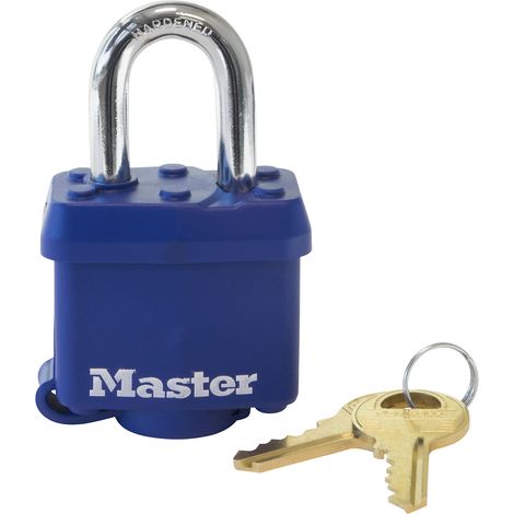 Master Lock 312EURD Cadenas en Acier Laminé à Clé et Protection Thermoplastique, Bleu, 7,3 x 4 x 2,5 cm (1/5)