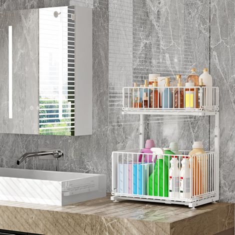 1 Rangement sous évier, Coulissant en métal, Acier carbone, 2 Niveaux, Forme L, Cuisine Salle de Bain (1/5)