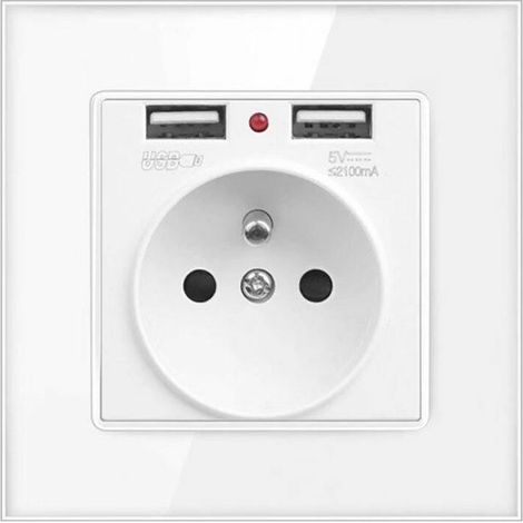 Prise murale double avec 2 ports USB 5V 2,1A – PC ignifuge, prise française 86×86 mm (1/5)