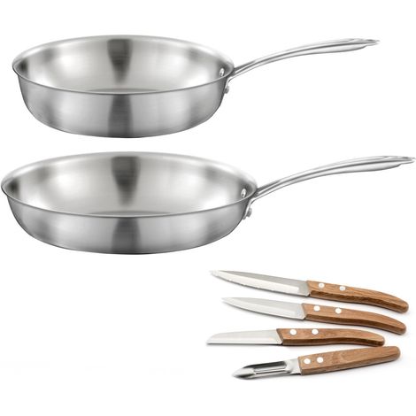 Gourmet - Lot de 1 poêle inox 28 cm, 1 sauteuse inox 24 cm, 1 coffret 4 couteaux de cuisine (1/2)
