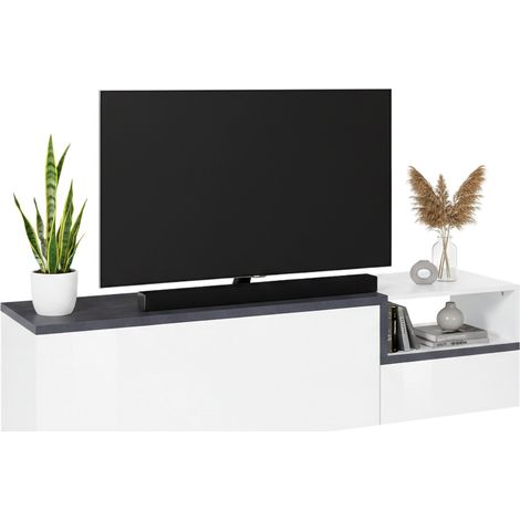 Dmora Mobile da soggiorno Porta TV, Made in Italy, Supporto per TV a 2 ante, Porta TV da salotto, cm 160x40h46, colore Bianco lucido e Ardesia, con imballo rinforzato
