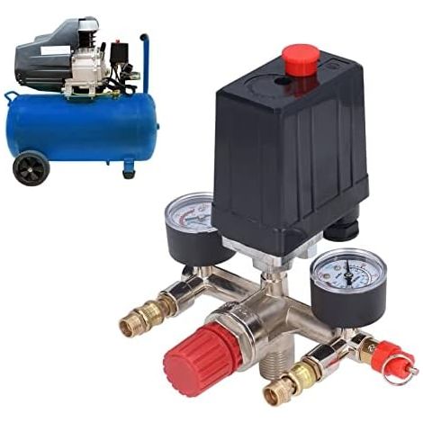 Pressostat pour Compresseur d‘Air, Interrupteur de Pression Réglable 90-120 PSI avec Manomètre, Vanne Régulation 220V d’Air et Outils Pneumatiques - (1/5)