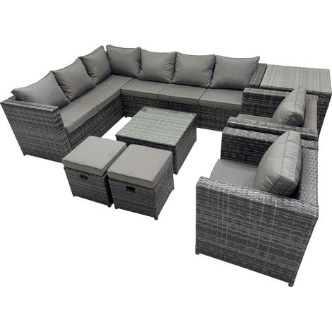 Fimous Rattan Garden Furniture Patio Furniture Sets with Corner Sofa Square Coffee Table 2 Small Footstools Side Table Dark Grey Mixed (1/5)