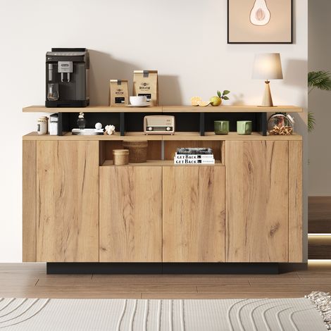 Buffet Bas Commode 140 x 40 x 85 cm Meuble Rangement avec 4 Portes 3 Niches Ouvertes - pour Salon Entrée Bureau - Bois Naturel (1/5)
