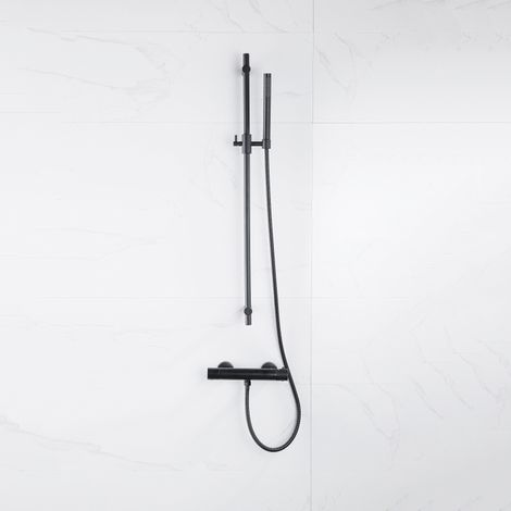Fortifura Calvi Ensemble de douche barre curseur avec douchette stick, flexible en métal et robinet de douche Noir mat (1/5)