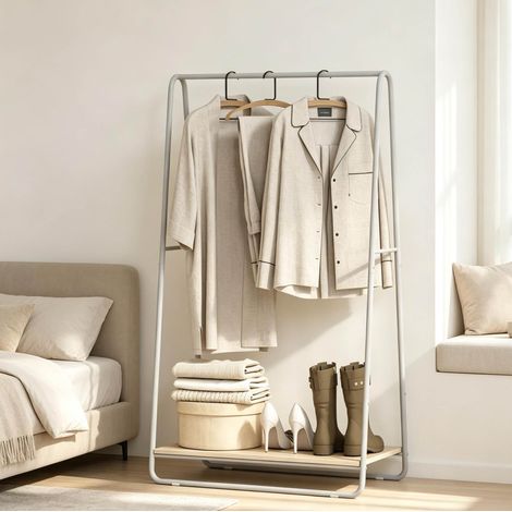 Perchero multifunción 3 en 1 con zapatero, gris y madera amarilla OKMYHOME (1/5)