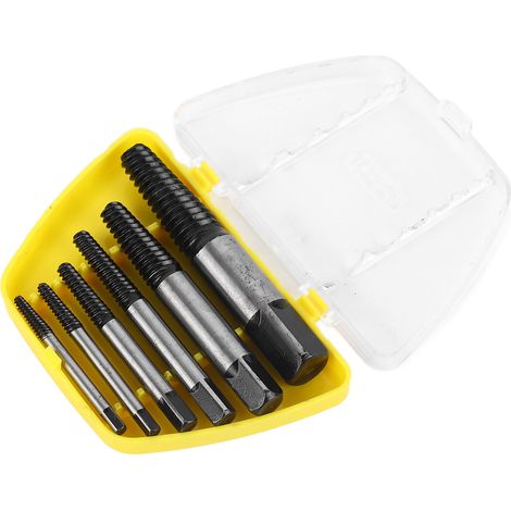 Extracteur de vis endommagées (lot de 6) avec boîte de rangement jaune, outil de démontage de boulons en acier dénudé pour réparations domestiques et mécaniques automobiles. (1/5)