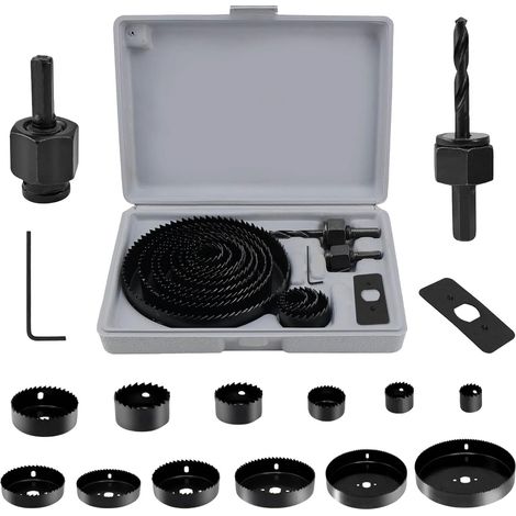 Lot de Scies Cloches, 16 Pièces 19-127 mm Jeu de Acier au Carbone Scie Cloche Bois, Scie Trépan avec Arbre, Plaque D'installation, clé Hexagonale, pour Perceuses et Perceuses Electriques (1/5)