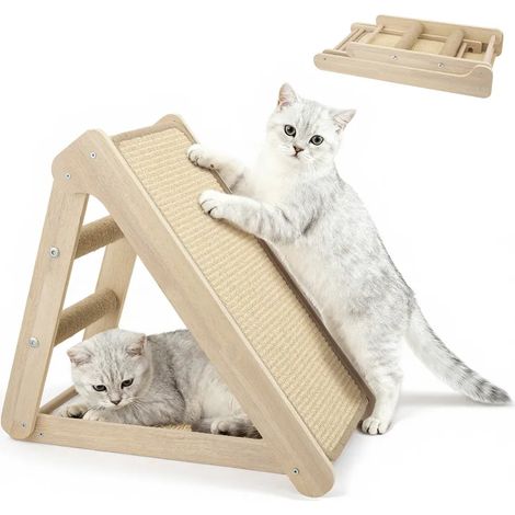 Griffoir pour chat en sisal naturel – Grattoir triangulaire avec 2 tapis de sisal, rampe 60° et coin repos, bois massif, pliable, 54 x 27 x 41 cm (1/5)