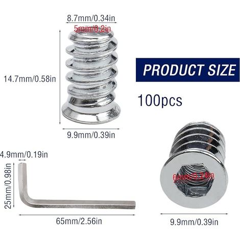 Lot de 100 écrous à visser M5 x 15 mm - Douille à visser en acier au carbone - Insert fileté en bois - Avec clé hexagonale - Pour montage de meubles (1/4)