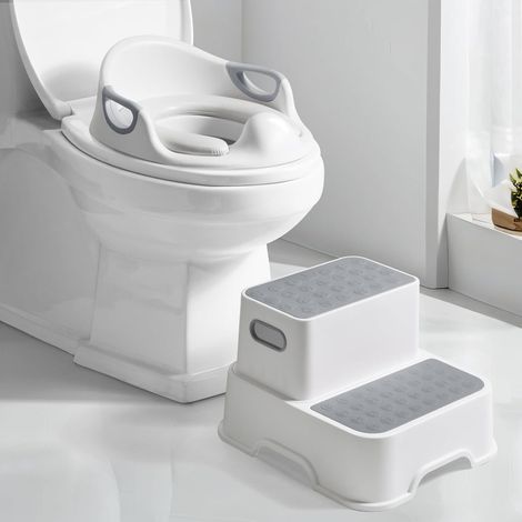 Reducteur Toilette Enfant, Rehausseur avec 2 Marches, Réducteur WC Bébé adapté aux Enfants de 1 à 6 Ans, avec 2 Coussins et 1 Brosse (Gris) (1/5)