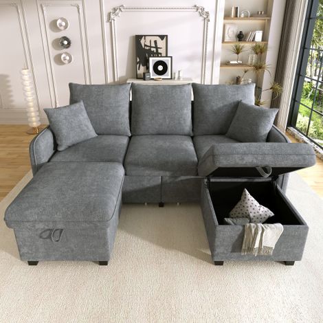 Canapé d'angle multifonction en forme de U (3 places) — Canapé rembourré avec rangements intégrés — Doté de tiroirs, d'un pouf de rangement et d'une fonction convertible Ensemble de canapé modulaire (1/5)