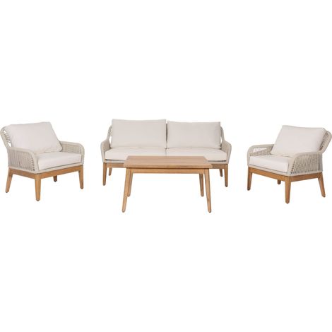 [NEUWERTIG] Gartengarnitur HHG-662b, Lounge-Set Gartenlounge Sofa Sessel Tisch, Seilgeflecht Rope Holz Akazie creme