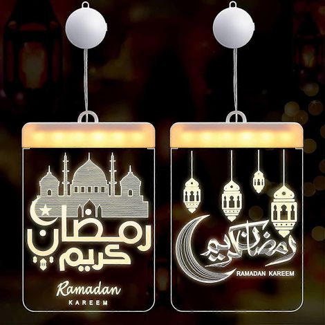 Lot de 2 guirlandes lumineuses décoratives pour fenêtre, guirlandes LED suspendues Eid Ramadan, lampe acrylique 3D Eid Mubarak, lanternes décoratives suspendues Ramadan pour les musulmans (article Isl (1/5)