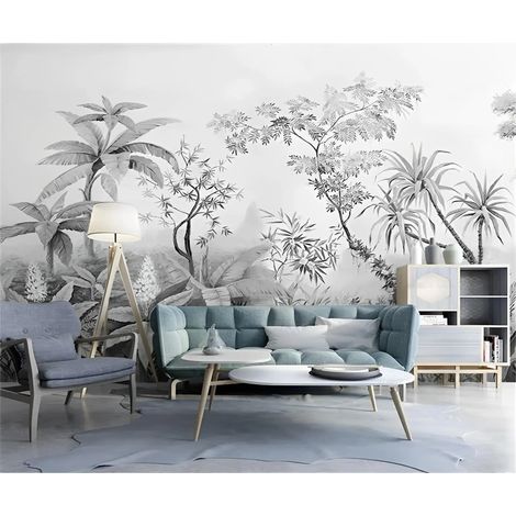 Papier Peint Noir et Blanc - Paysage Tropical Brumeux - 150 x 250 cm (1/2)