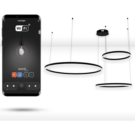 Lampe ronde WiFi Tuya 80+60+40 cm LED noire à anneau de suspension (1/5)