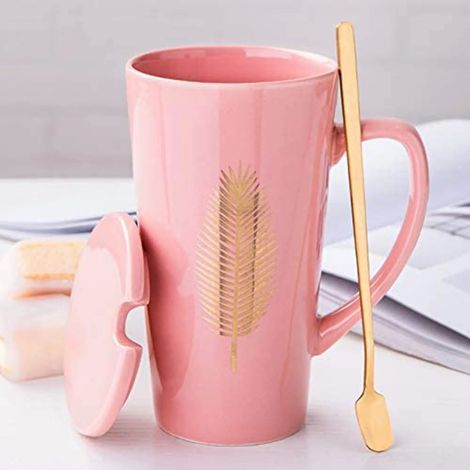 MINKUROW Große Teebecher 500ml, Stylischer Kaffeebecher mit Deckel und Löffel, Kaffeetasse aus Keramik für Freunde und Familie als Überraschungsgeschenk (Rosa) (1/5)