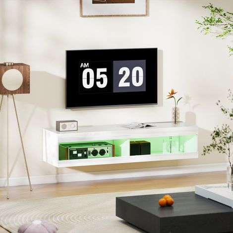 Meuble TV suspendu avec lumières LED, 140x40x30 cm, blanc brillant (1/5)