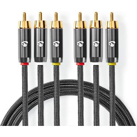 Cable video composite 3x rca male 3x rca male plaque or 480p 200 m rond coton anthracite gris avec metal boite avec fenetre couverte (1/5)