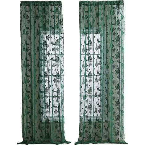 Rideau De Fenêtre De Noël - Broderie Père Noël Traîneau Flocon De Neige - 140x100 Cm - Vert - 2 Pièces (1/5)