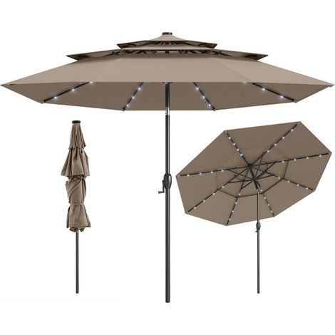 Sombrilla de terraza juego de 1 energía solar 313 x 248 cm 32 luces LED inclinación automática ambiente acogedor poliéster marrón 200012994