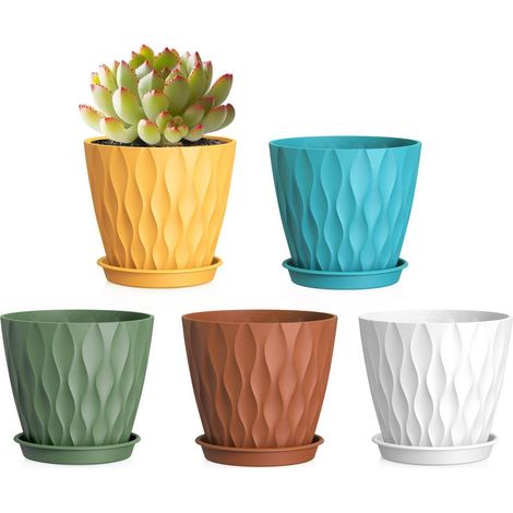 Blumentöpfe 5er Set Ø 10,2 cm mit Untersetzer, Kunststoff Anzuchttöpfe mit Abflusslöchern, Wellenstruktur, Bunt (1/5)