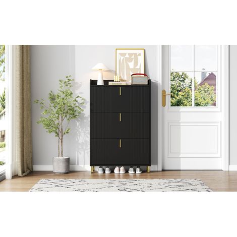 Armoire à chaussures avec 3 portes, étagère pour les chaussures. Étagère mince, dotée de 6 compartiments. Armoire à chaussures réglable. Dimensions : 8023,5123,5 cm. Couleur : noir. (1/5)