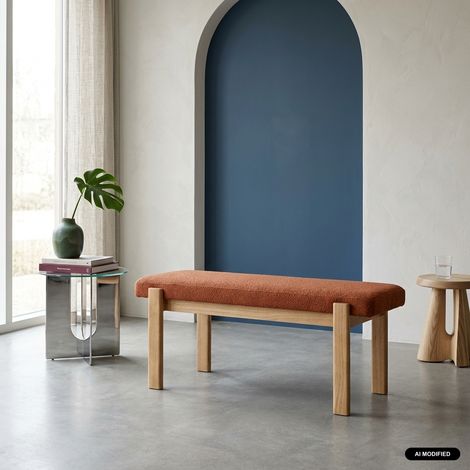 Banc. bout de lit bois d'hévéa teinte naturelle et tissu texturé - Noma Naturel / Terracotta (1/5)
