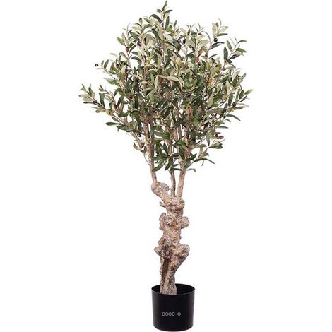 Superbe olivier artificiel tronc noueux H 120 cm en pot avec olives