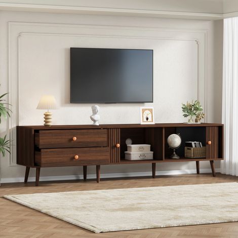 Meuble TV Lowboard 180x40x46,5 cm aspect noyer, 2 tiroirs, 2 portes coulissantes, 7 pieds, compatible TV jusqu'à 80 pouces (1/5)