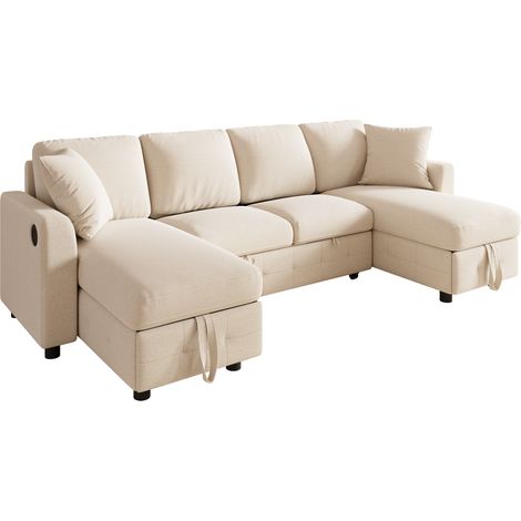 Divano letto U moderno in chenille beige con 2 chaise longue contenitore, USB e Type-C, 260 cm (1/5)