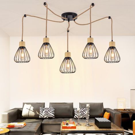 GBLY Pendelleuchte Esstisch Hängelampe Vintage - Esszimmerlampe Schwarz Esszimmer Hängeleuchte Metall 5 Flammig Retro Hanfseil aus Holz Industrial E27 Pendellampe für Wohnzimmer (ohne Leuchtmittel)