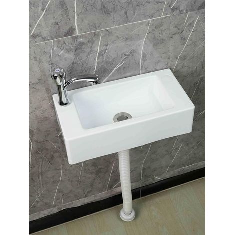 Lavabo Mural - 1 Pièce - Résine Et Acier Inoxydable - Avec Robinet Et Siphon - Pour Salle De Bain Et Toilettes - 40x20x11cm (1/5)