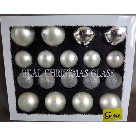 Set mit 18 eleganten silbernen Weihnachtskugeln – matt, glänzend, glitzernd.