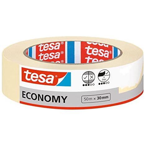 tesa Nastro per Mascheratura ECONOMY EcoLogo - Nastro in Carta per Mascheratura, Rimozione senza Residui per 4 Giorni, senza Solventi - Sottile, 50 m x 30 mm (1/4)
