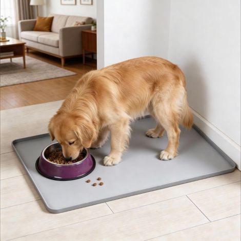 Tapis imperméable en silicone pour animaux de compagnie avec bords surélevés - Tapis antidérapant pour gamelles d'eau et de nourriture - Gris (1/3)