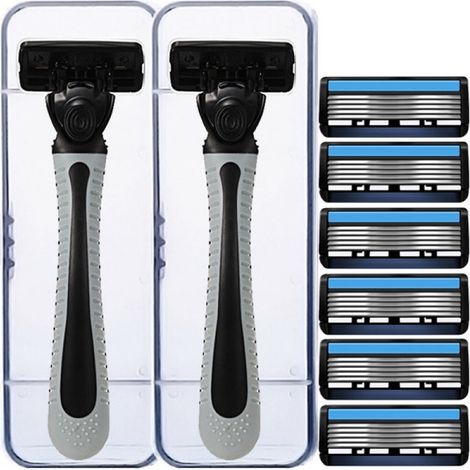 rasoir electriques hommes-Rasoir Classique Homme à 6 Lames - Édition Double avec Étui Voyage (8 Lames, 2 Manches, 2 Étuis)